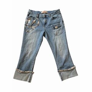 Miss F&2 Women’s Size L Cropped Jean Capri Beaded Rhinestone Embellished